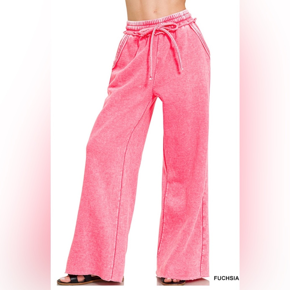 ACID WASH FLEECE PALAZZO SWEATPANTS WITH POCKETS